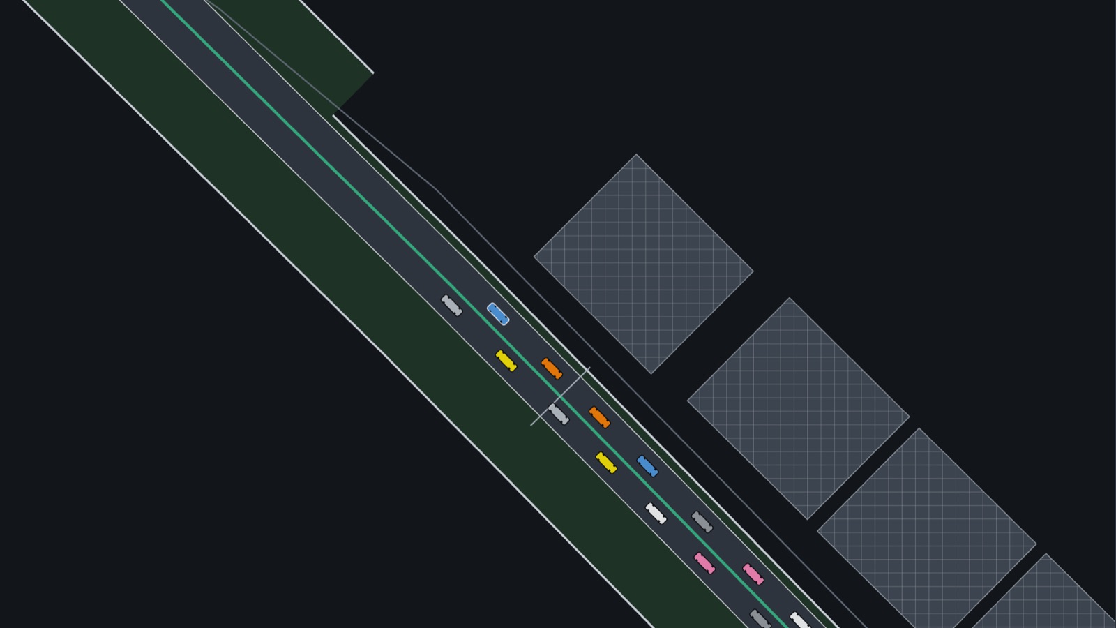 The start in the lab: the track and the cars at true scale. Each driver reacts to the lights going out in his own time; the first two at this start took 0.115 and 0.192 s